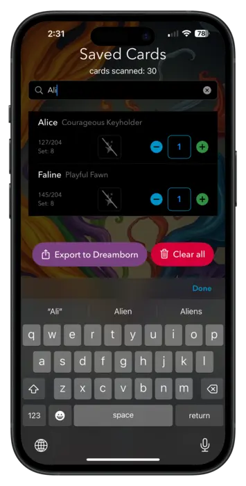 screenshot of searching lorscana cards